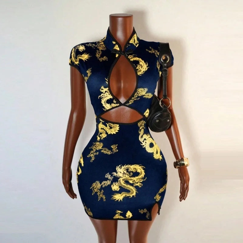 Cheongsam Style Dragon Print Cutout Dress for Women