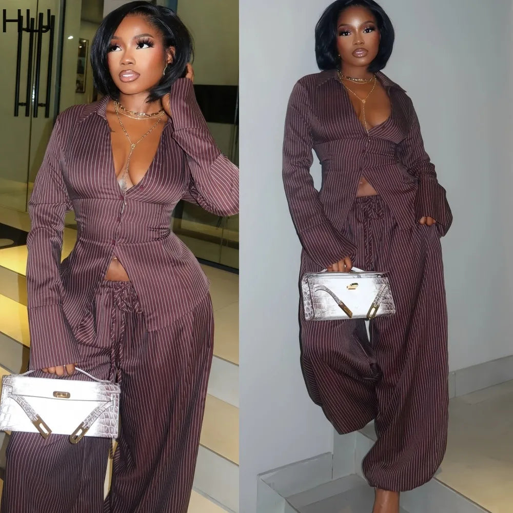 Vertical Striped Crop Shirt and Wide Leg Pants Outfit Set for Women