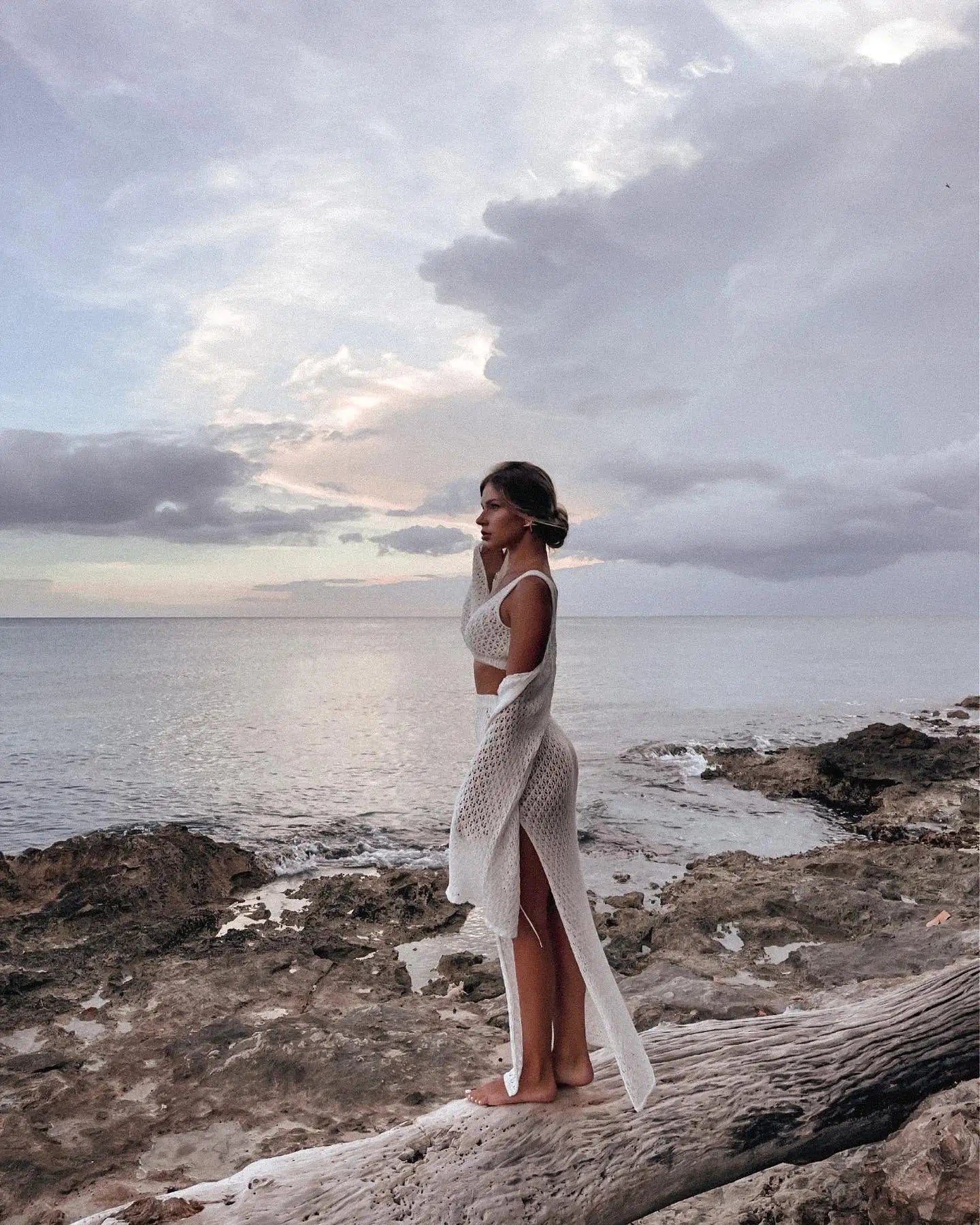 Sexy Knit Set White Cut Out Swimsuit Cover Up 2025 Women's Summer Bell Sleeve Lace-up Loose Top Beach Half Skirt Two-piece K136