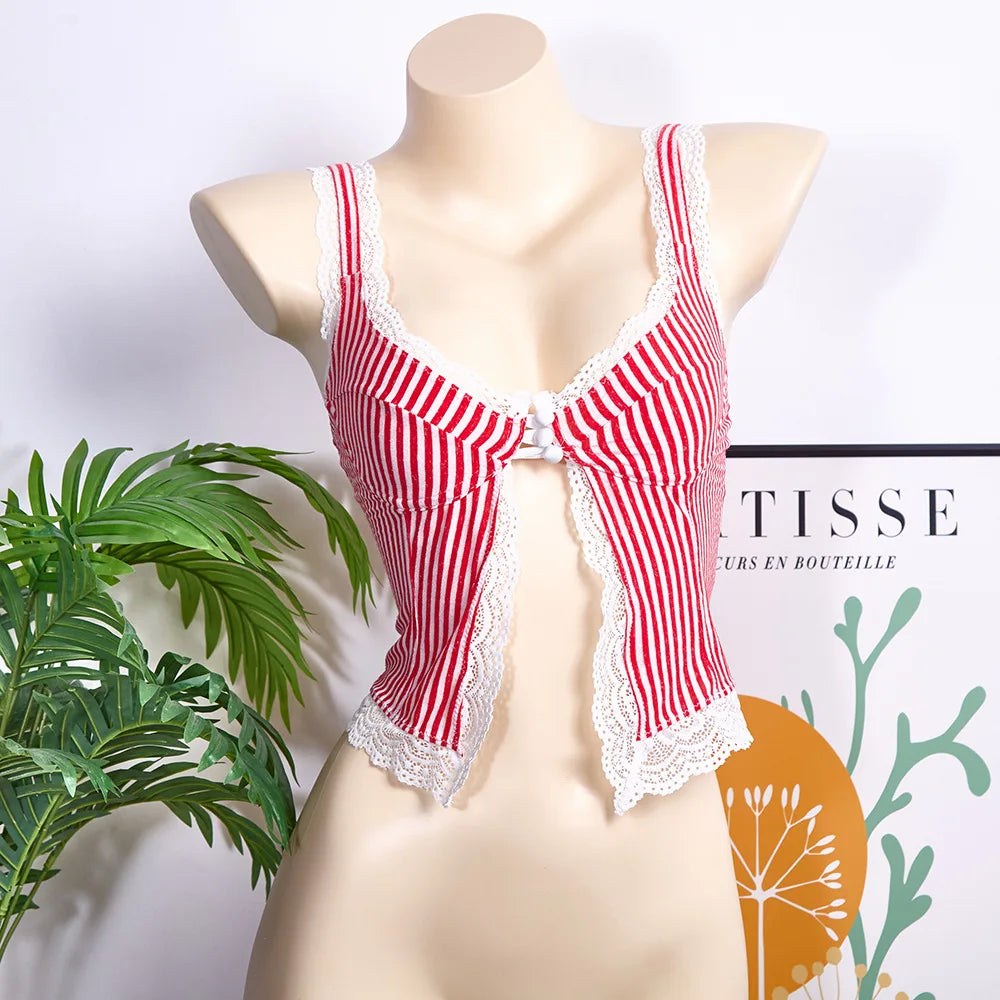 Striped Lace Trim V-Neck Slim Fit Camisole Top for Women
