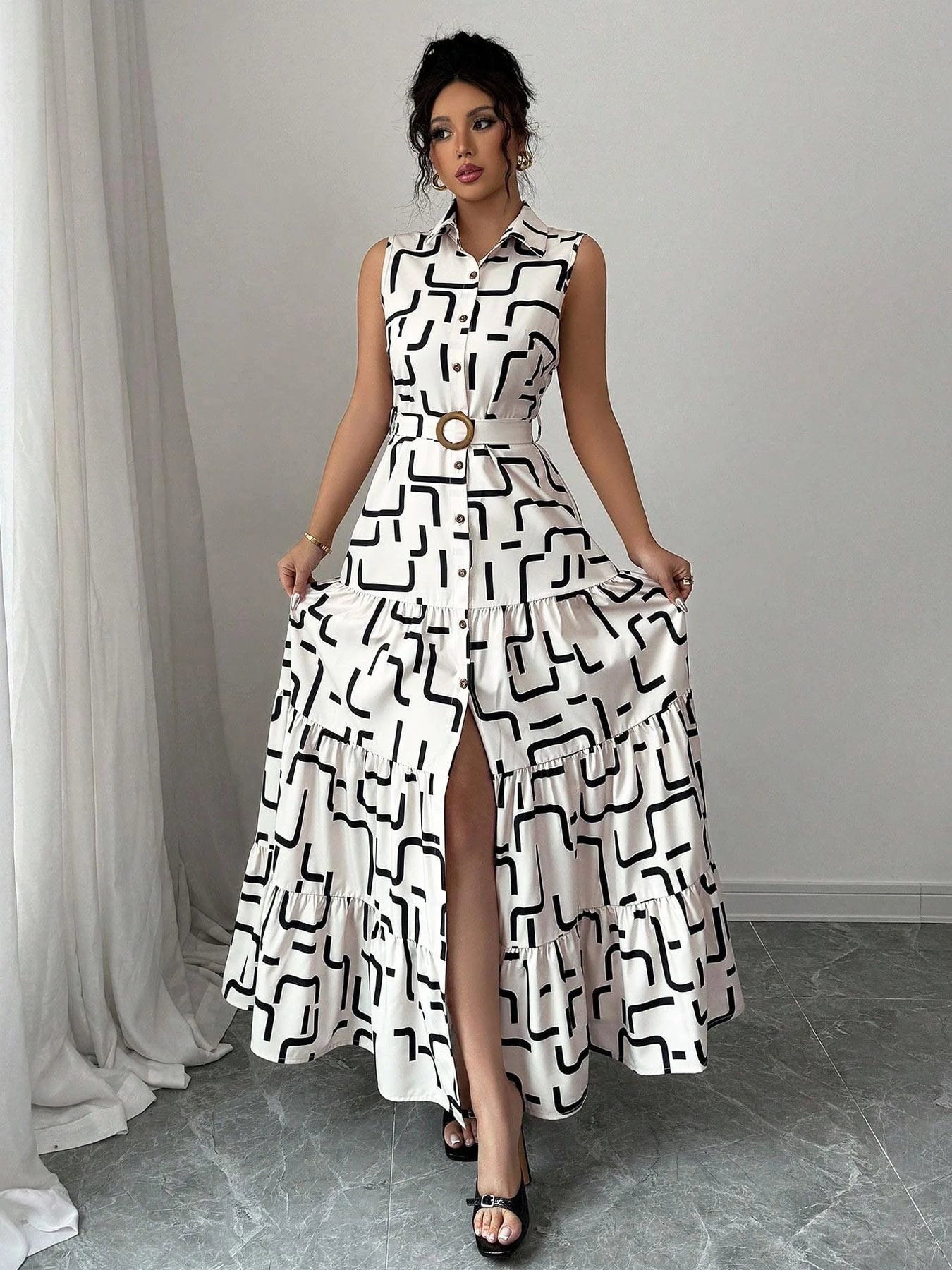 Casual Dress With Lightweight Polyester Fabric V-Neck Midi Length For Spring And Summer Style