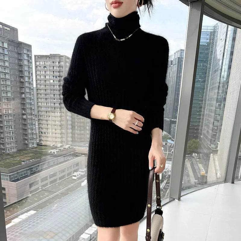 High Neck Slim Fit Stretch Knit Mini Dress for Women