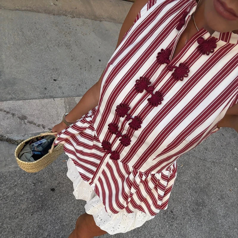 Striped Mandarin Collar Peplum With Button Front Top for Women