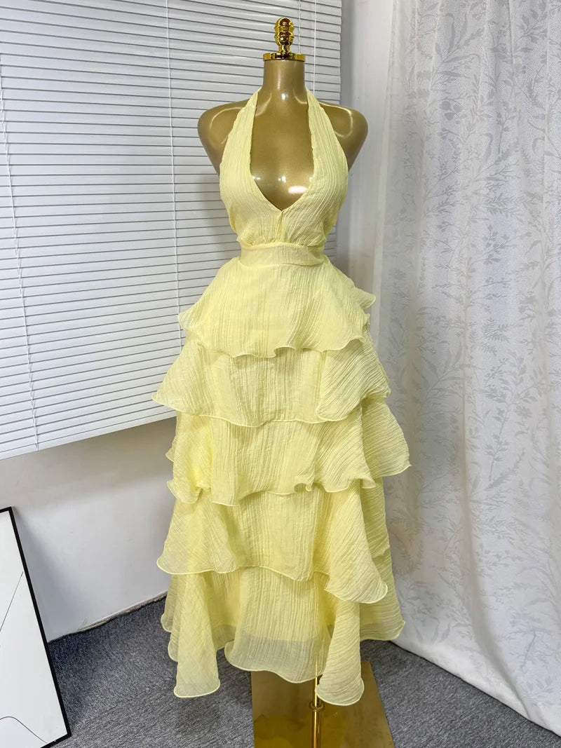 Sleeveless Halter Neck Ruffled Midi Dress for Women