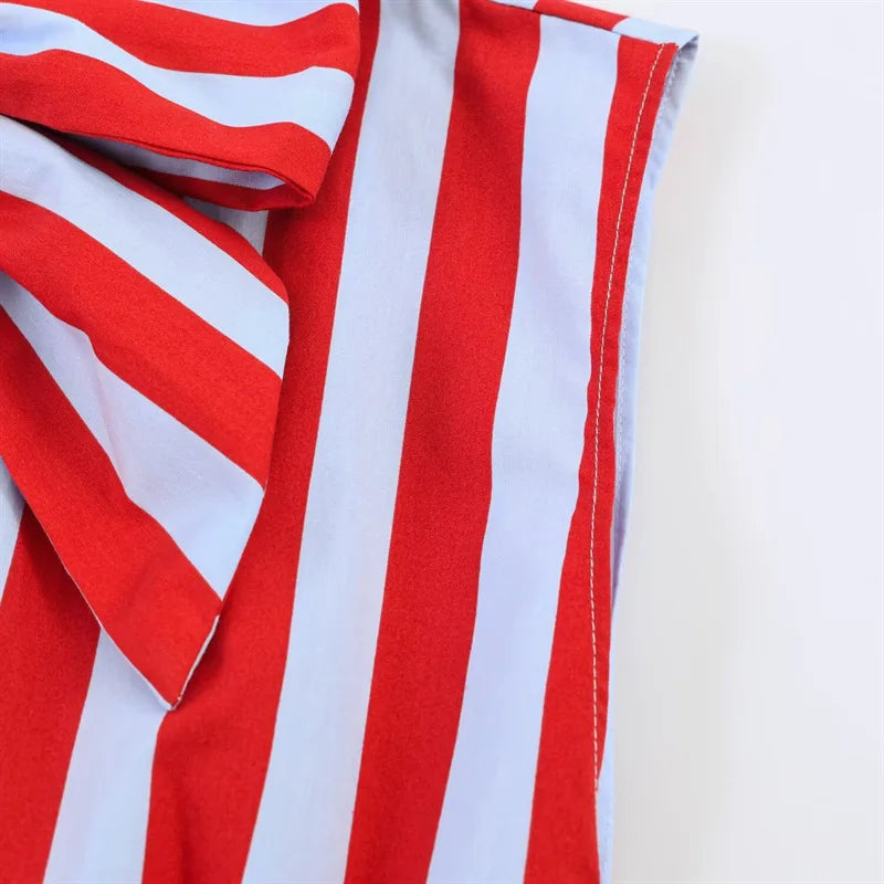 Chic Striped Sleeveless Bow Tie Collar Blouse for Women