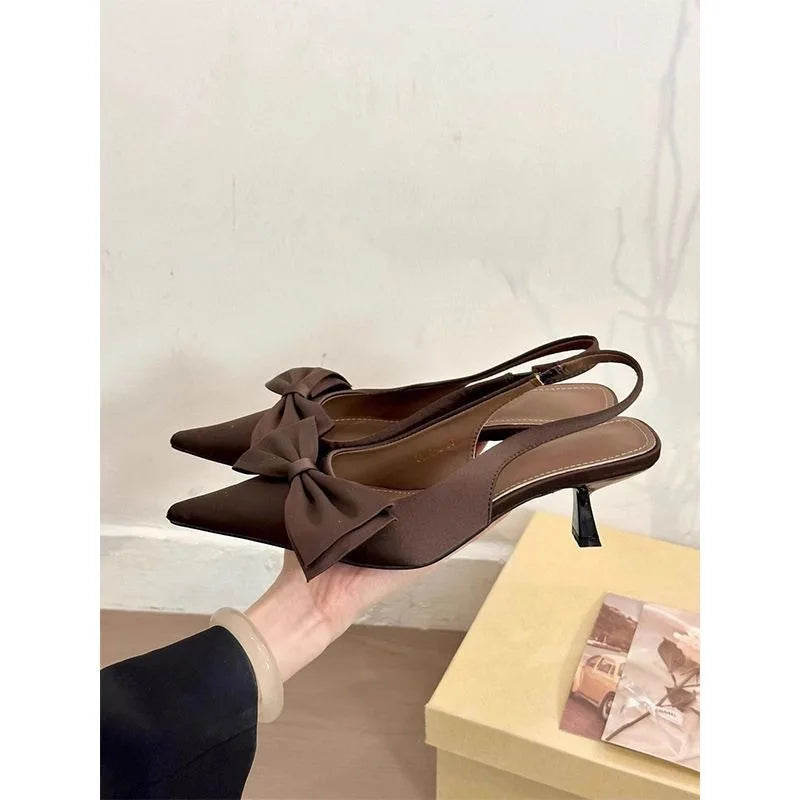 Black Pointed Toe Bow Slingback Heels