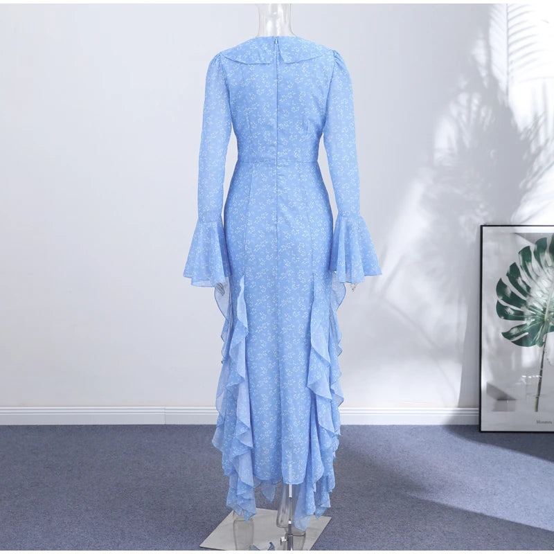 Printed V Neck Ruffle Sleeve Mid Calf Dress for Women