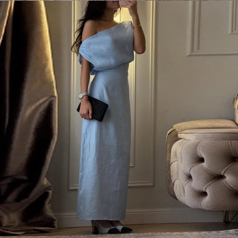 Elegant One Shoulder Side Split Ankle Length Dress for Women