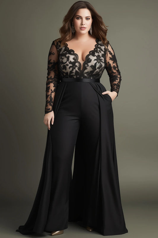 Flycurvy Plus Size Wedding Guest Black Lace Deep V Neck Long Sleeve Pocket Jumpsuit