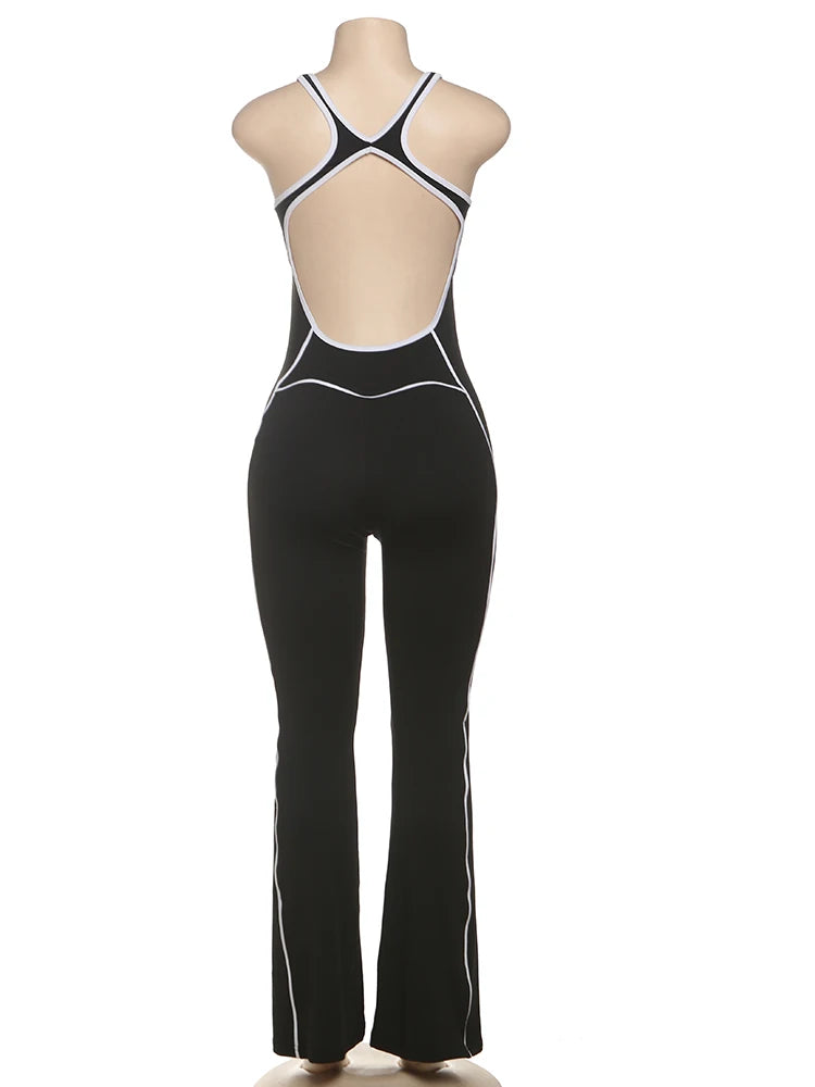 Cutenew Panelled Stripe Women Jumpsuits Casual Summer Sporty O-neck Sleeveless Backless Skinny Overalls Female Active One Piece