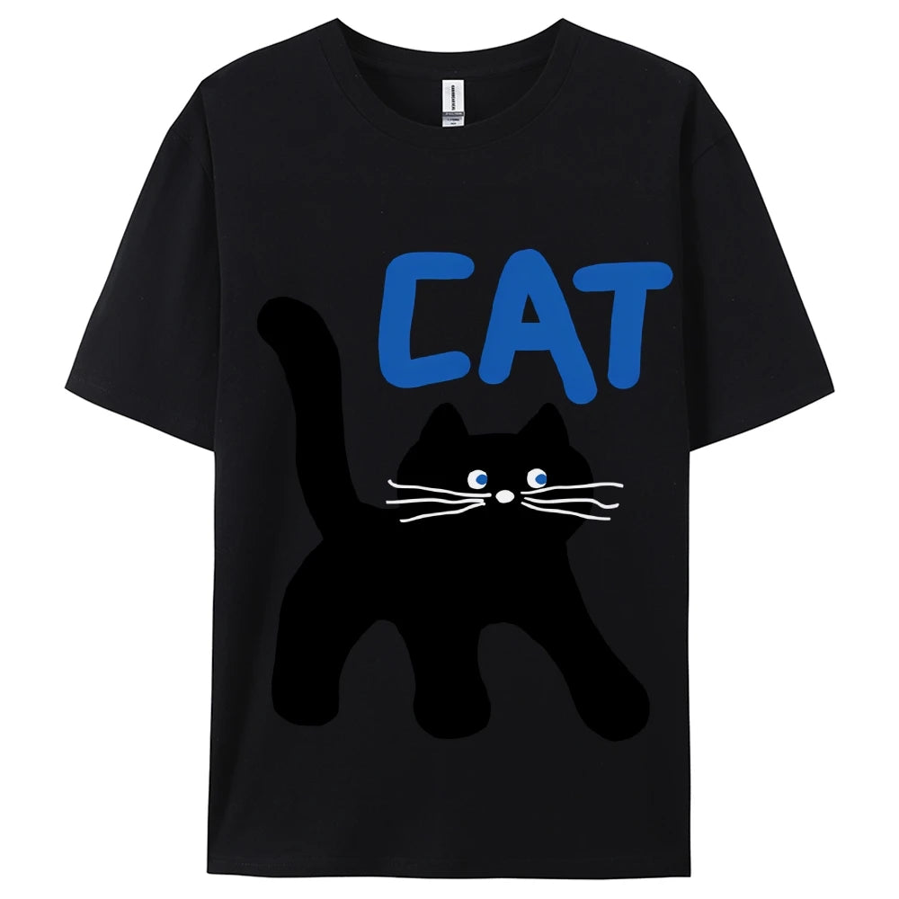 Women's Basic Crew Neck Tee Trendy Y2K Women's Short Sleeve Cartoon Cat Print Cute Aesthetic Cotton Casual T-Shirt