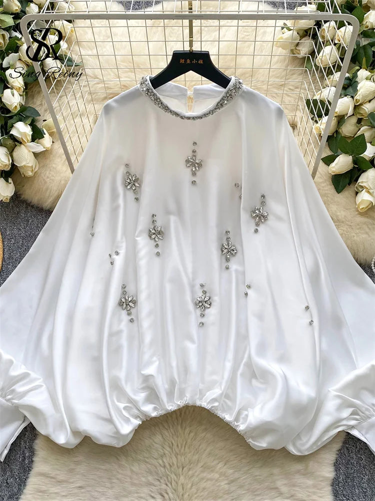 Elegant Beaded Satin Batwing Sleeve Blouse for Women