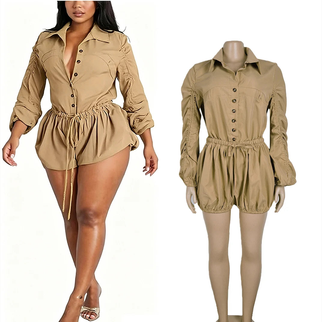 Elegant Ruched Drawstring Lantern Sleeve Romper for Women
