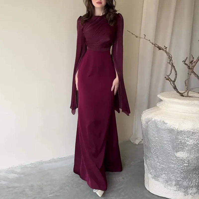 Women's Spring Solid Spliced Satin Maxi Dress Sexy O Neck Slim Bodycon Hip Long Dress Summer Batwing Sleeve Hollow Evening Dress