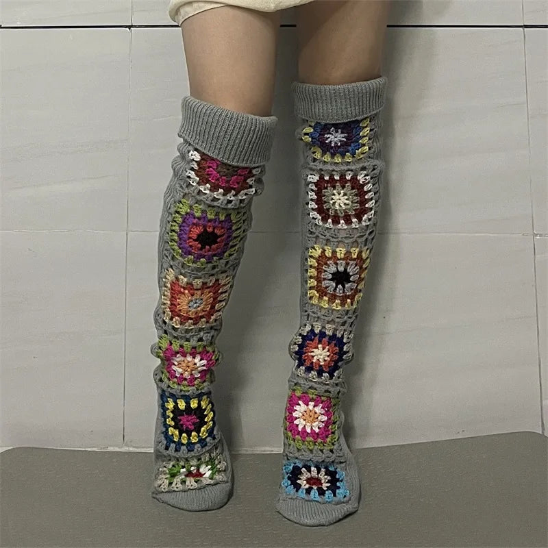 Ethnic Crochet Knit Autumn Winter Thigh High Socks for Women