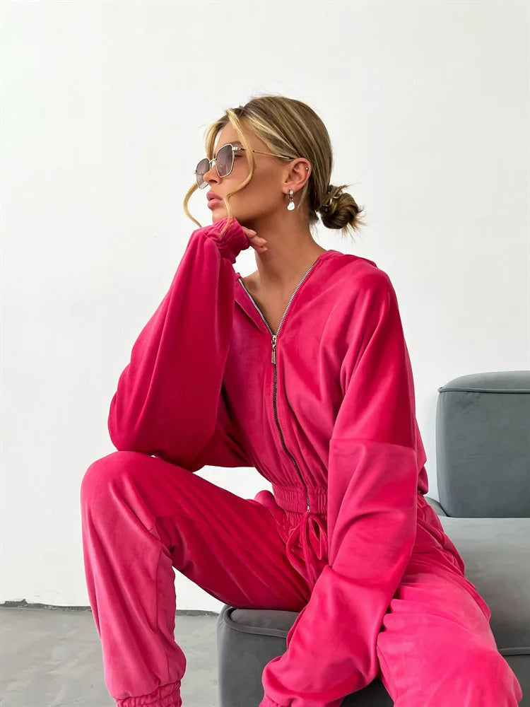Hooded Zipper Hoodie and Trouser Tracksuit Set for Women