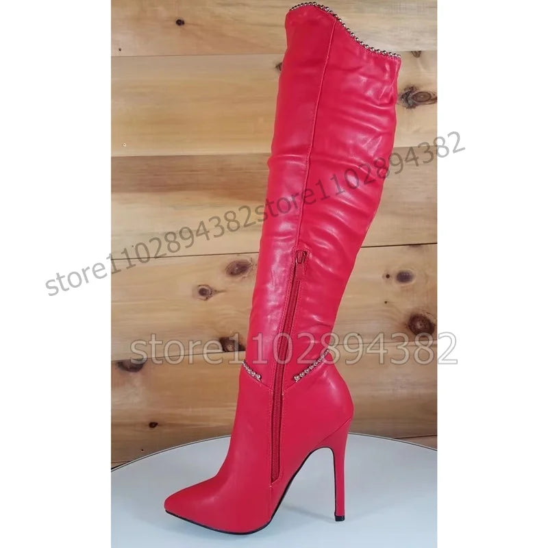 Red Matte Leather Pointed Toe Metal Detail High Heel Boots For Women