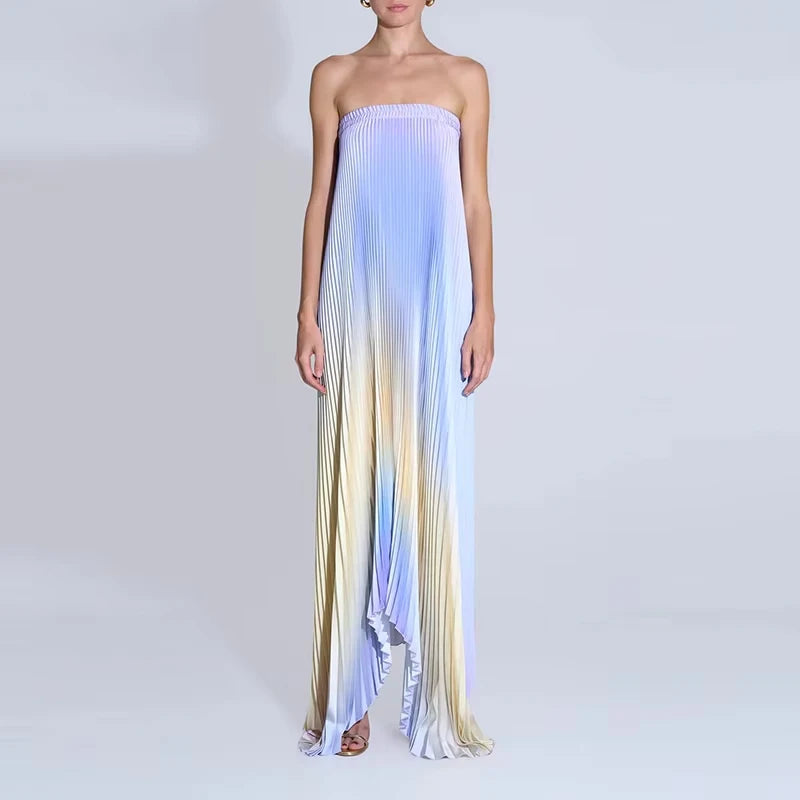 Women Elegant Big Hem One Shoulder Party Dress Show Style Pleated Gala Gowns Banquet New 2024 Gradient Tube Tops Evening Dress