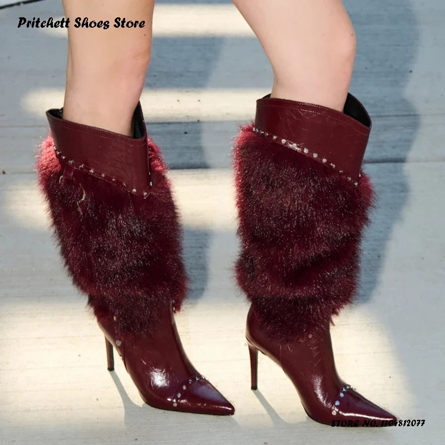 Studded Faux Fur Knee High Open Toe Stiletto Boots for Women