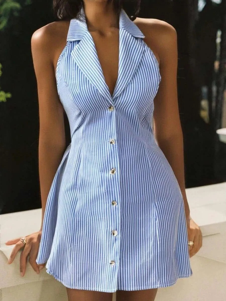 Blue Striped Halter Mini Dress With Button Backless Bow Accent for Women