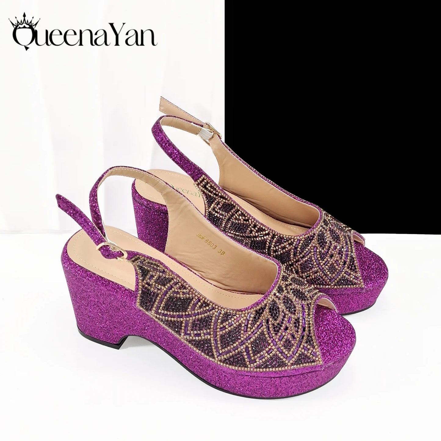 Queena Yan 2025 Italian design full rhinestone detailing comfort platform heels and matching bag Women's Fashion Peep Toe Shoes