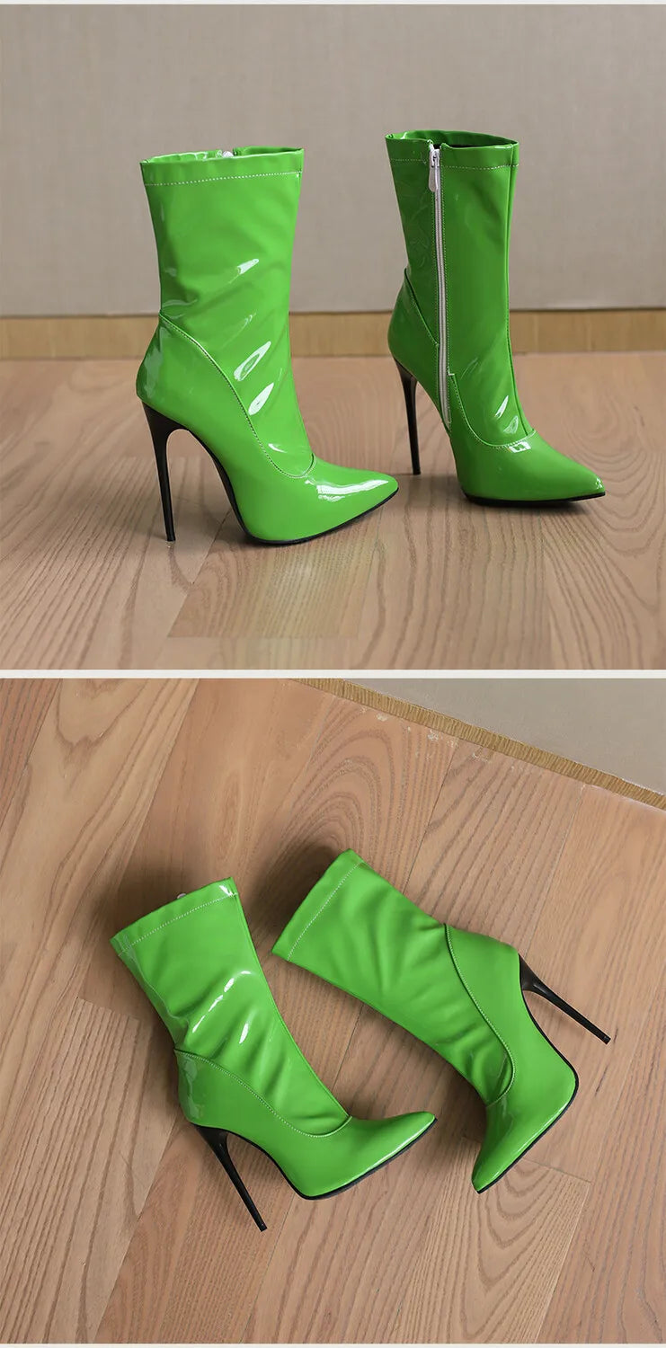 Pointed Toe Soft Patent Leather Side Zipper Stiletto Ankle Boots for Women
