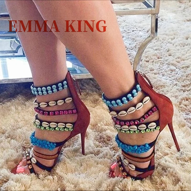 Crystal Shell Decor Stiletto Sandals for Women Party Footwear