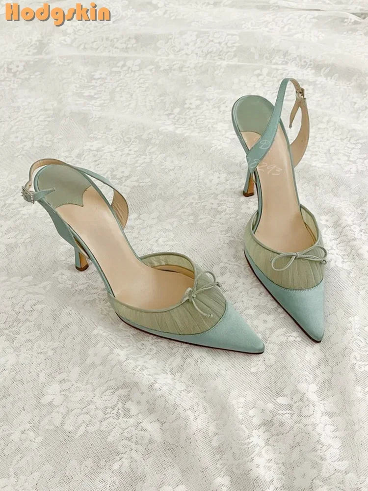 Butterfly Knot Satin Pointed Toe Pumps With Thin Heels for Women