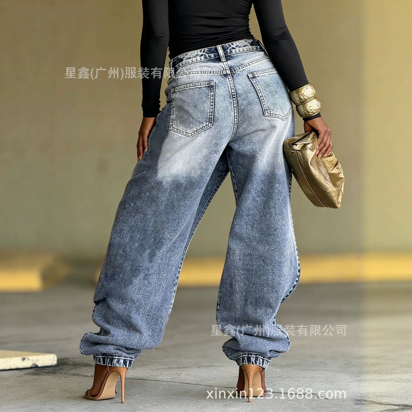 Washed Patchwork Baggy Jeans With Irregular Wrap Front for Women