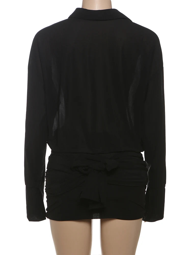 Cutenew Solid Classic Women Blouse Dress Sexy Thin See Through Full Sleeve Lapel Single Breasted Pleated Mini Vestido Streetwear