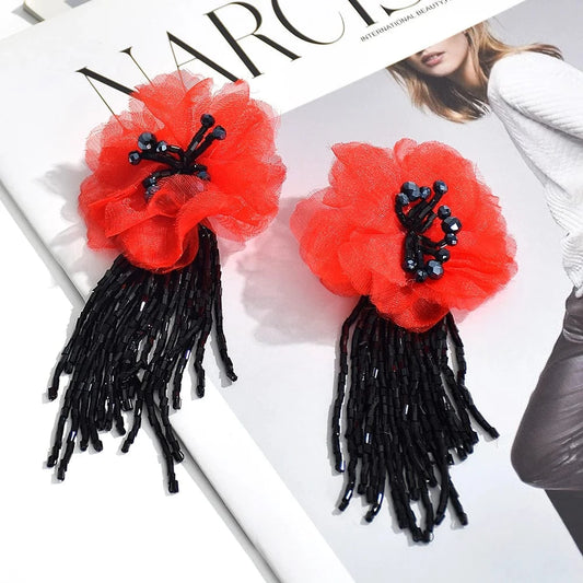 Vintage Acrylic Beads Tassel Earrings Handmade Lace Flower Dangle Earrings  Jewelry Accessories For Women