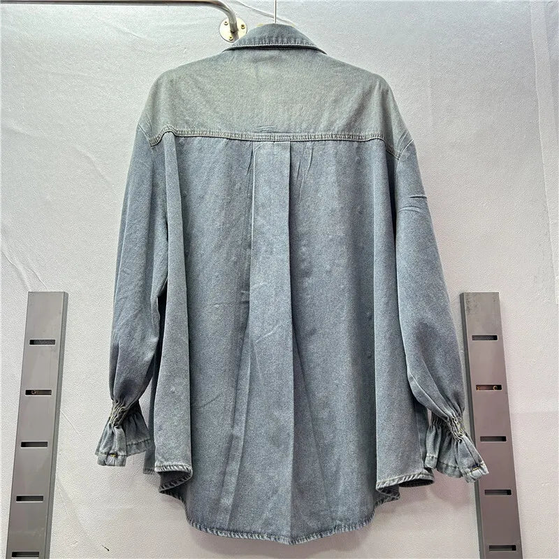 ANJY Autumn New Women Ins Shirt Studded Diamonds Distressed Denim Coat Pockets Single Breasted Elegant Vintage Casual Tops A9973