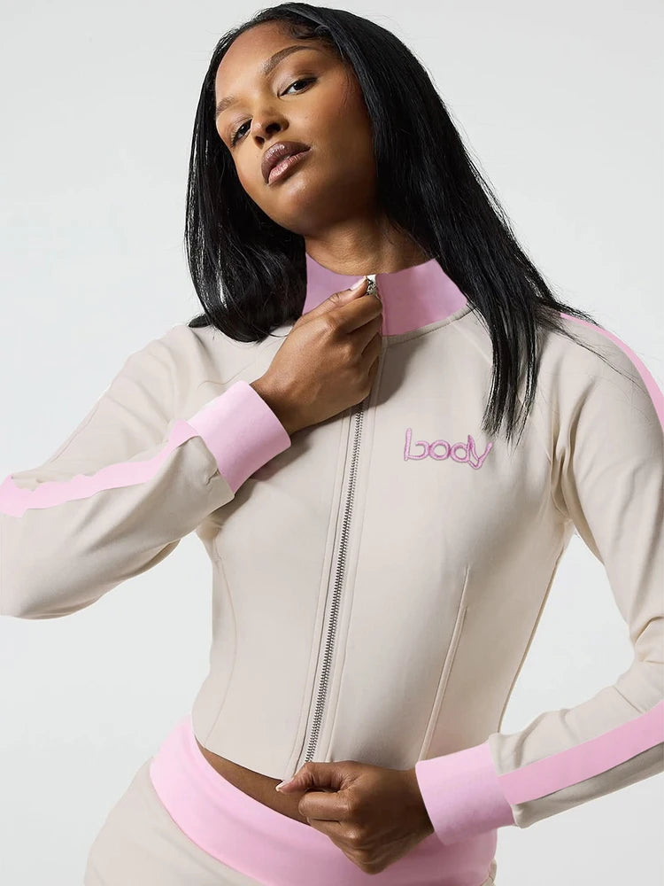 Sisterlinda Casual Sporty 2 Piece Set Women Letter Embroidery Zip Navel Exposed Jacket+Contrast Patchwork Shorts Simple Outfits