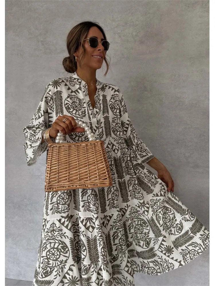 Casual Bohemian Print With V Neck Slit Dresses for Women