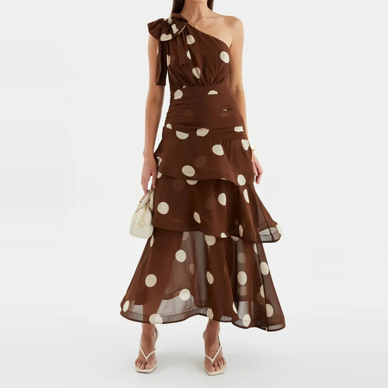 Elegant Polka Dot Ruffle Draped Maxi Dress for Women