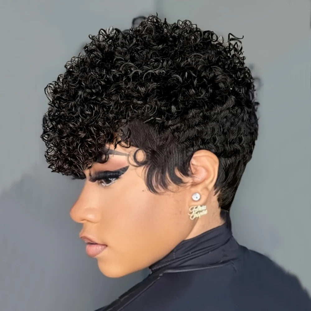 Short Natural Black Human Hair Pixie Cut Wig for Curly Wigs Urban Edge Wave Full Machine Made For Women
