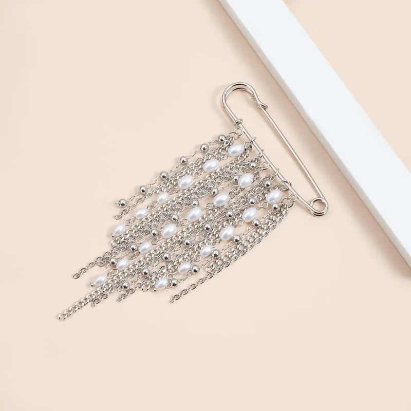 Layered Pearl Heart and Star Tassel Brooch for Women