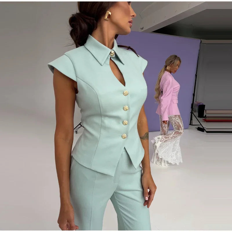 Waist Cinched Tailored Suit Set With Wide Leg Pants For Women