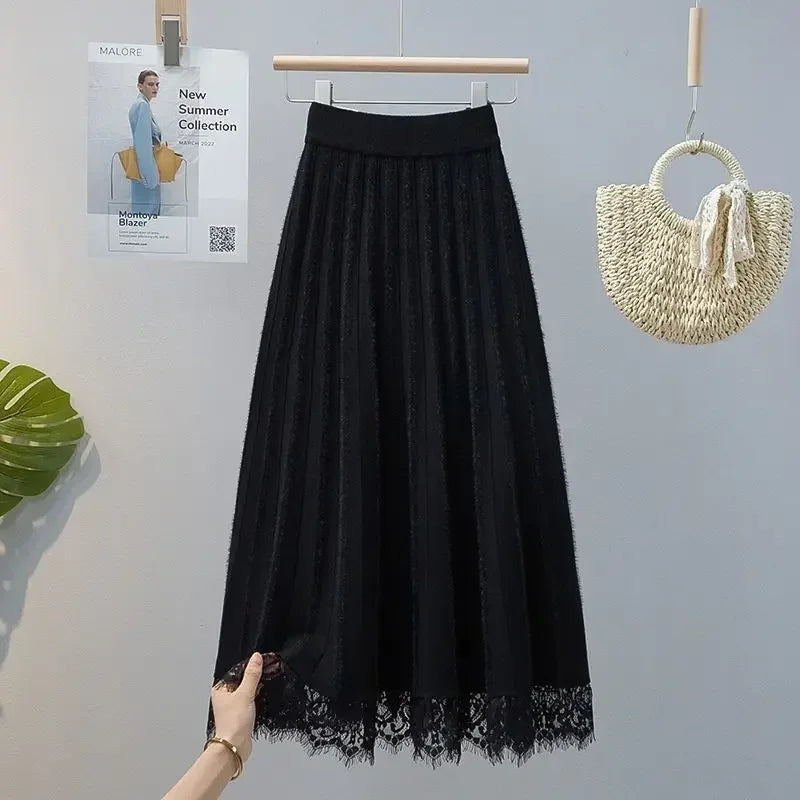 High Waist Knitted Pleated Midi Skirt With Lace Details for Women