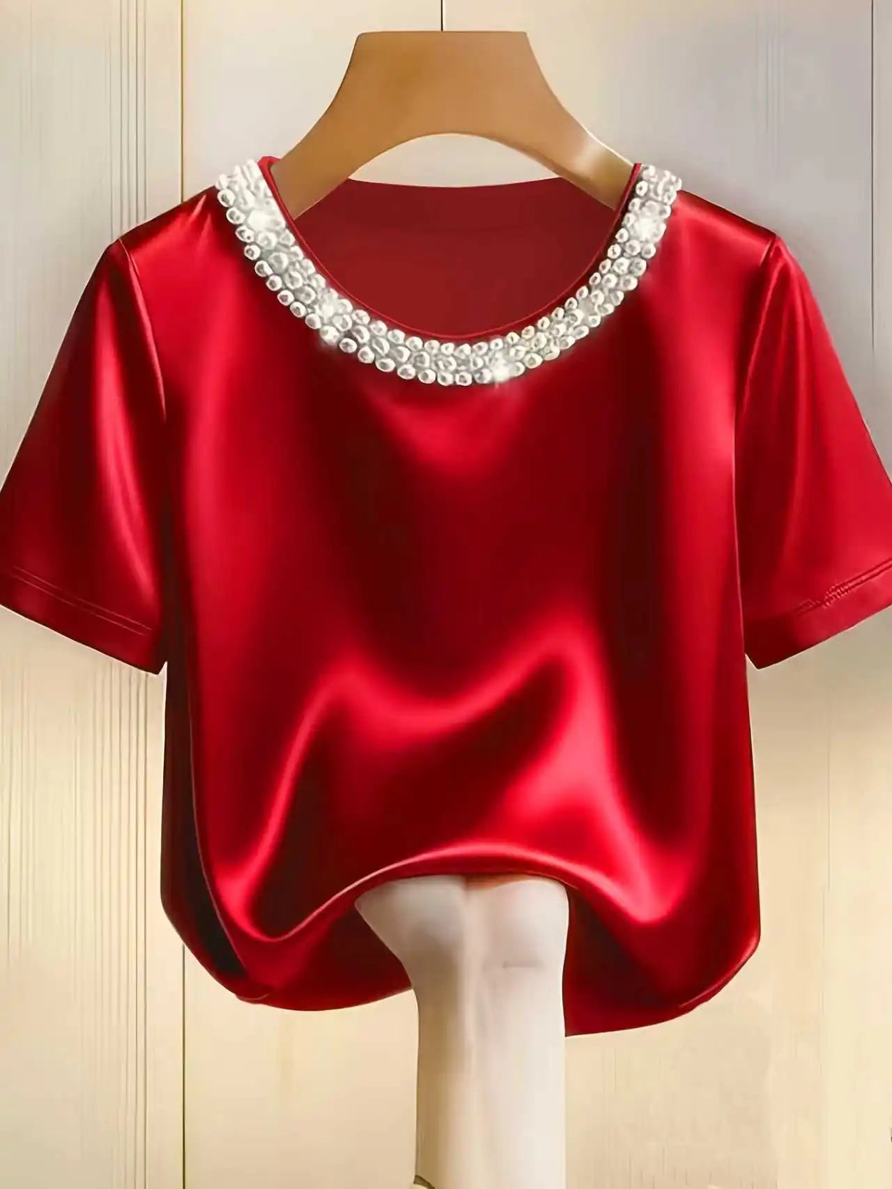 Satin Round Neck Pearl Beaded Decor Short Sleeve Top for Women