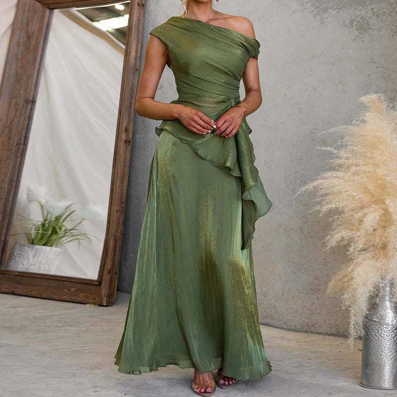 Asymmetrical Collar Top and Maxi Skirt Set for Women