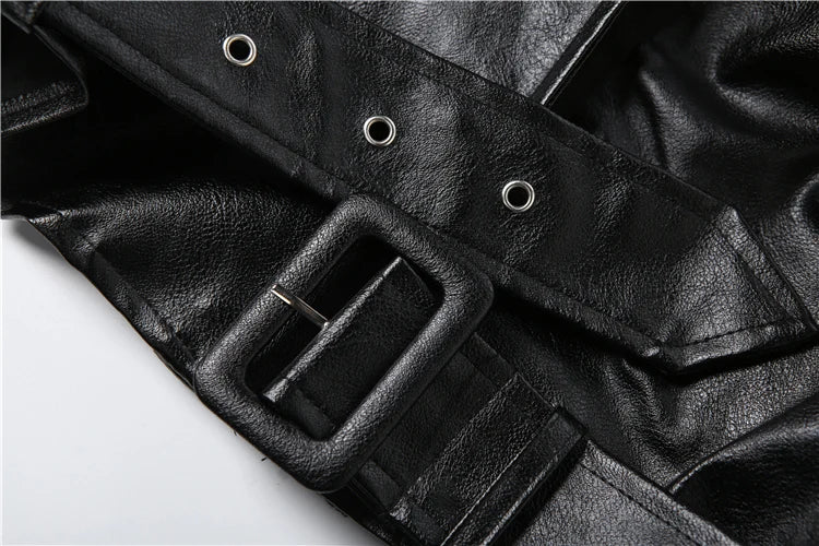 Elegant Belted Faux Leather Cropped Jacket for Women