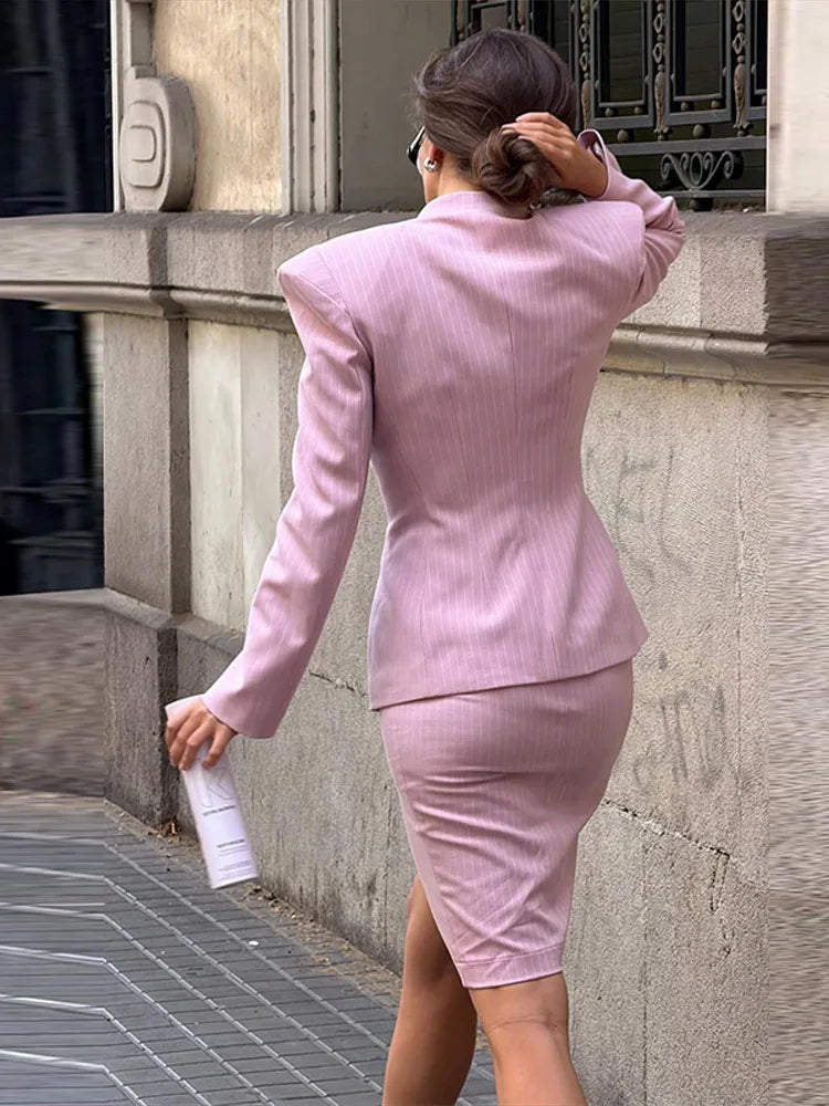 Elegant Striped V Neck Blazer Skirt Set With Long Sleeve Button Top for Women
