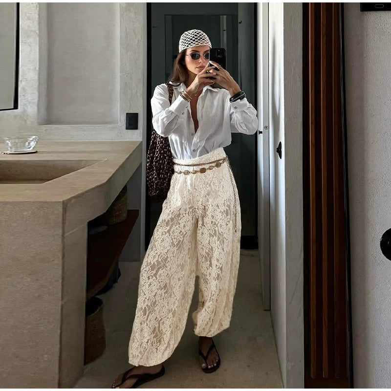Bohemian Lace Trim Elastic Waist Lounge Pants for Women