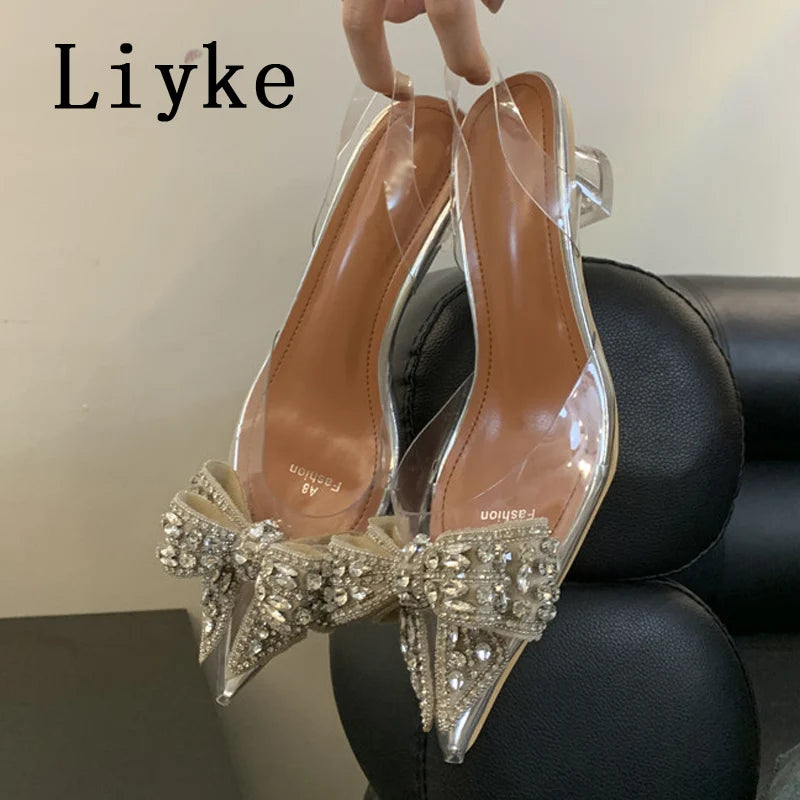 Crystal Bowknot Clear Pointed Toe Pumps for Women Wedding