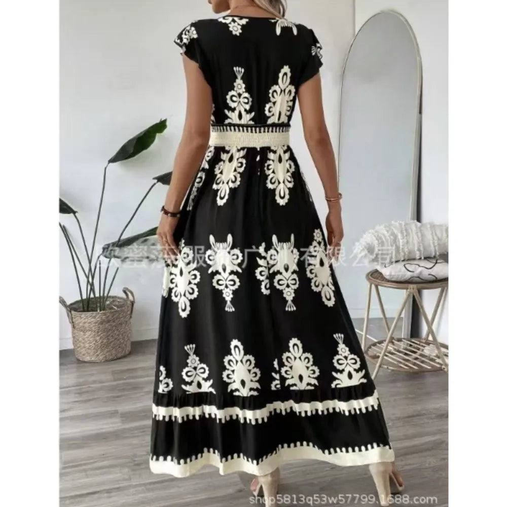 Beach Print Midi with V-Neck and High Waist Dress for Women