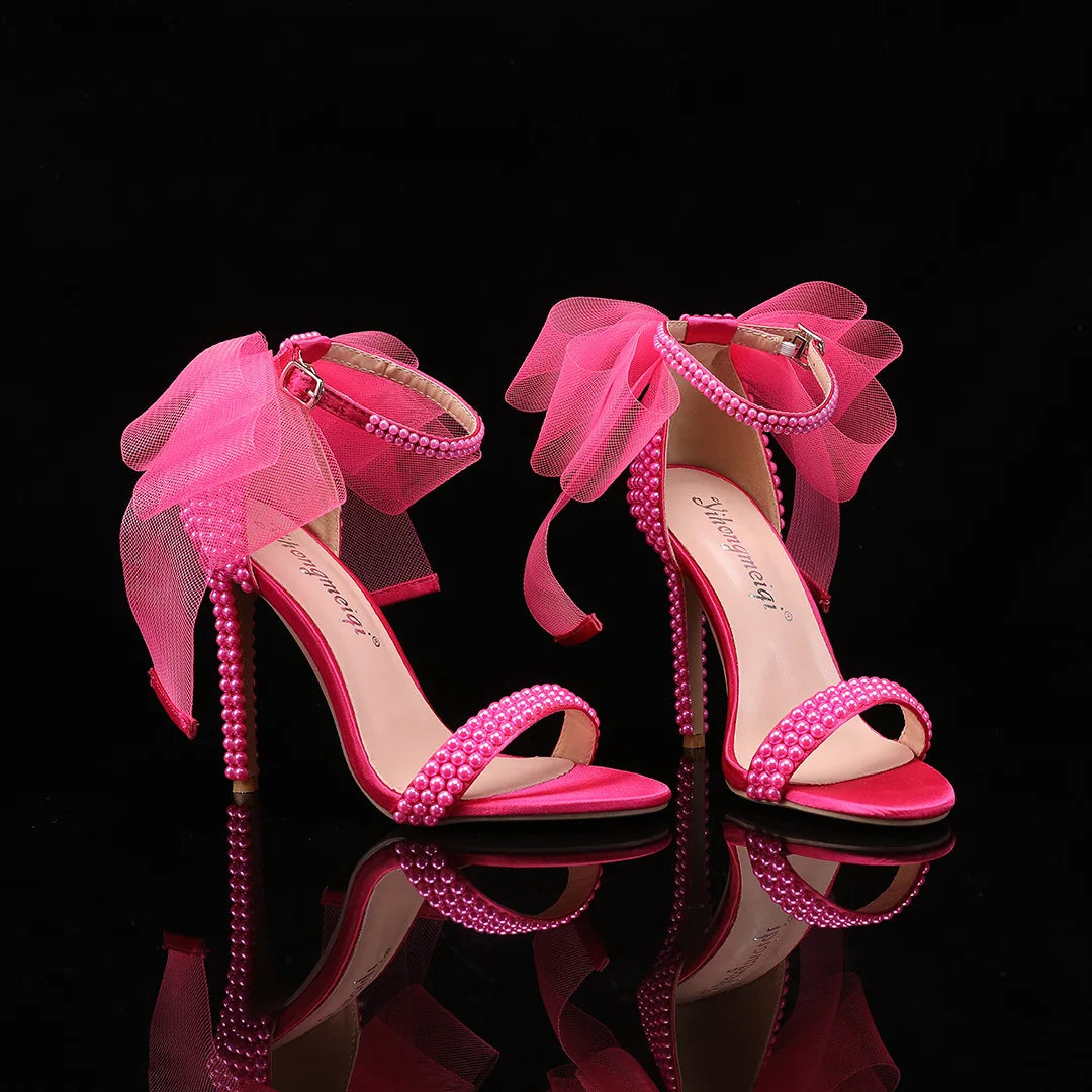 Elegant Pearl Beaded Mesh Bowknot Sandals for Women