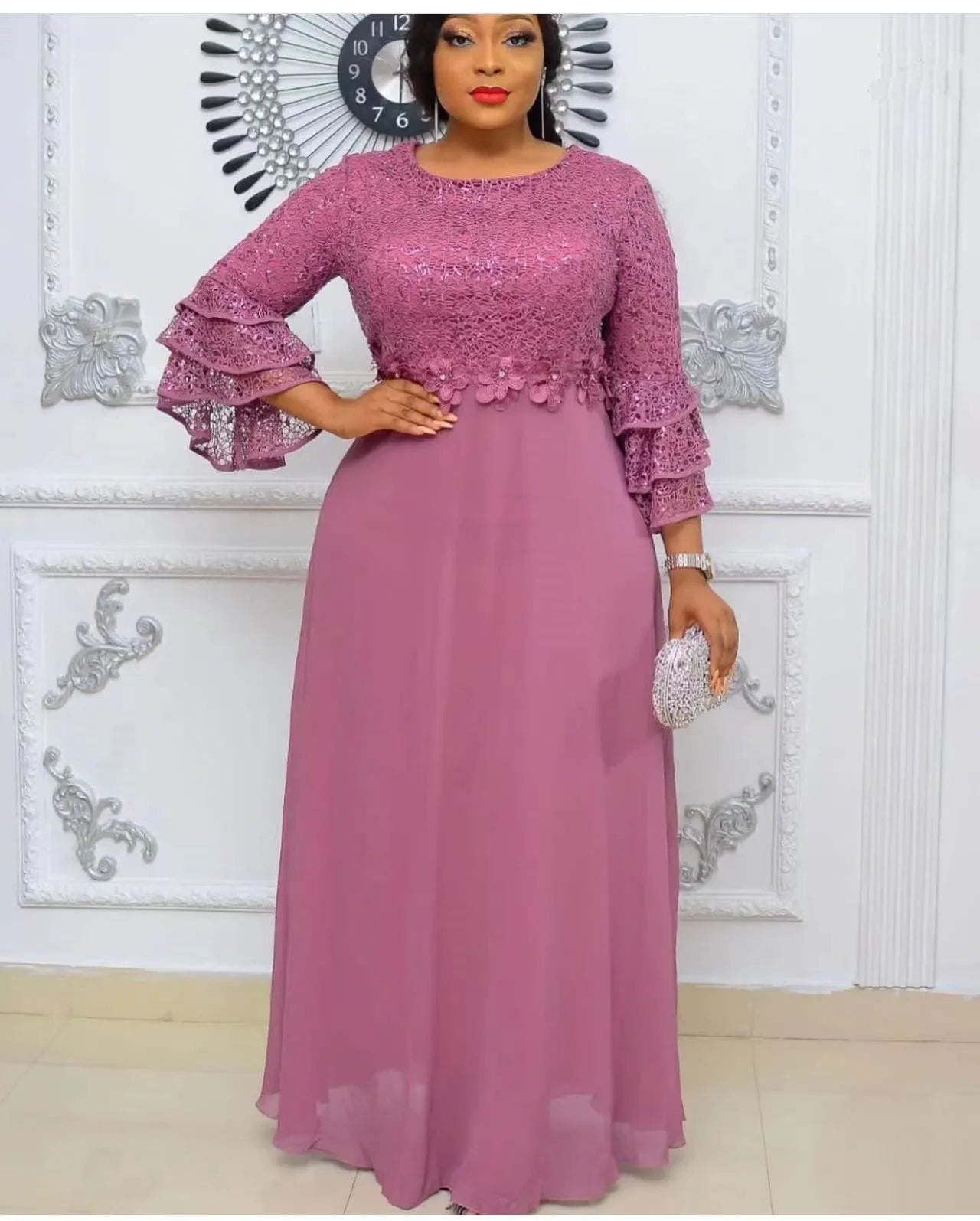 Customized African Wedding Party Dreses for Women Spring Autumn African Short Sleeve V-neck Polyester Green Pink Red Long Dress