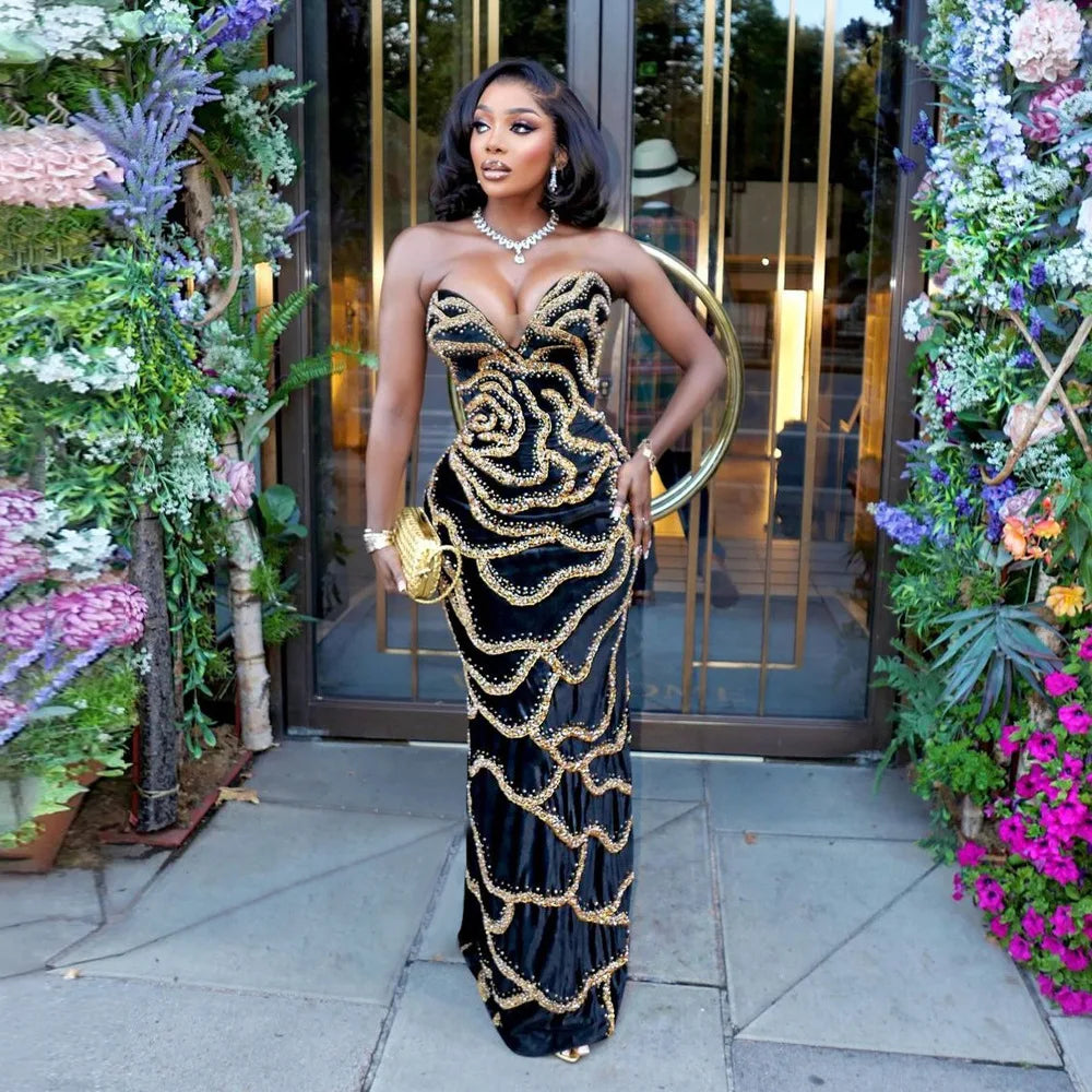 Sweetheart Strapless Deep V Velvet Rhinestone Rose Pattern Maxi Dress for Women