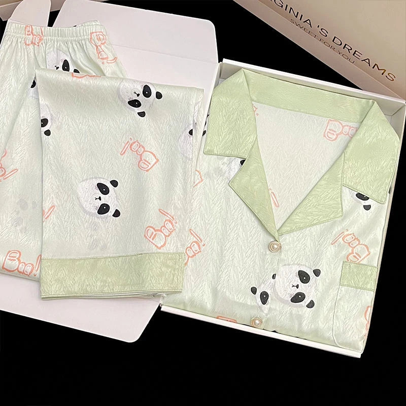 Flowers Twill Print Classy Women's Pajamas Spring Autumn Two-piece Sets Long Female Lounges Simulated Silk 2024 New Y2k Homewear